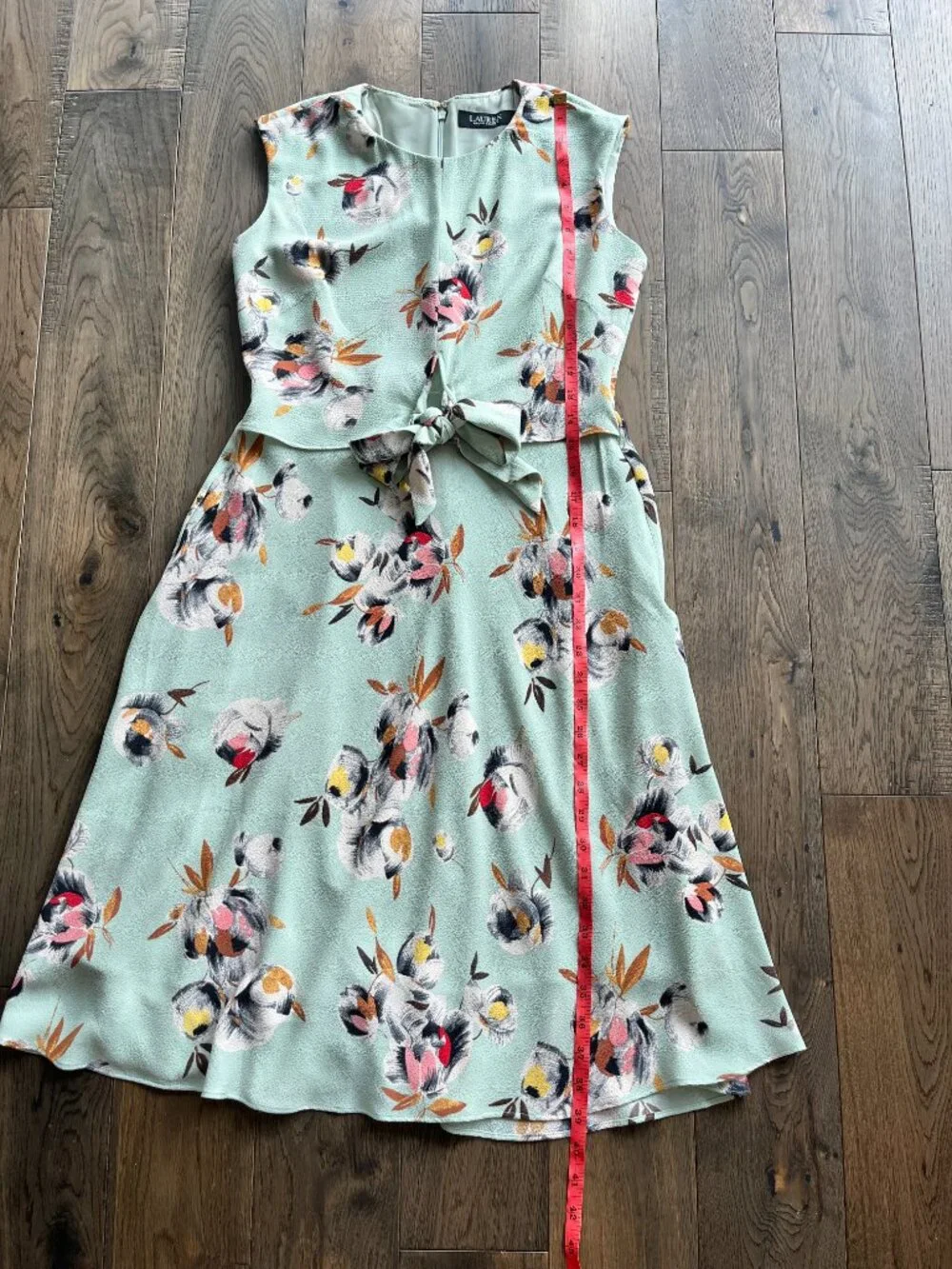 Lauren Ralph Lauren Black Label Floral Crepe Midi Dress Size 4P Green Pink Tie - Picture 8 of 8